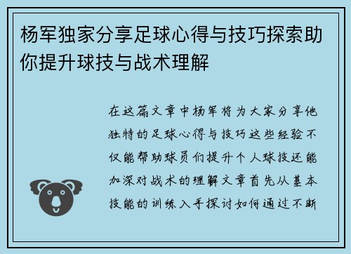 杨军独家分享足球心得与技巧探索助你提升球技与战术理解